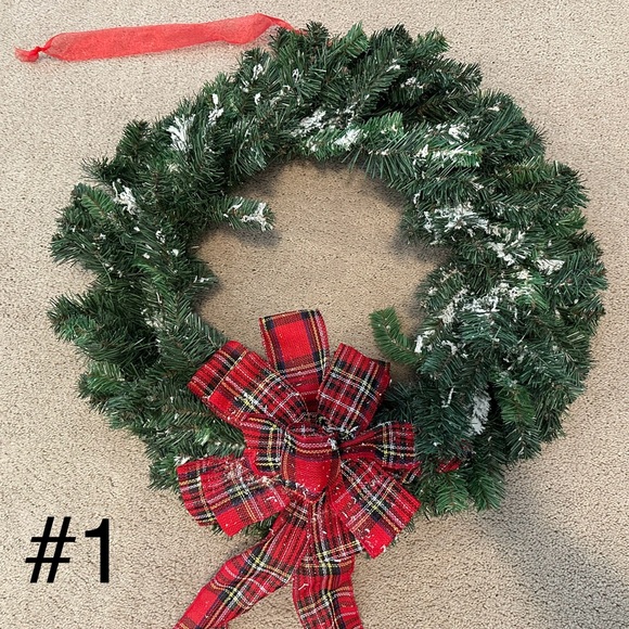 Holiday Christmas Snow Flocked Wreath With Tartan Red Plaid Bow - Picture 8 of 16